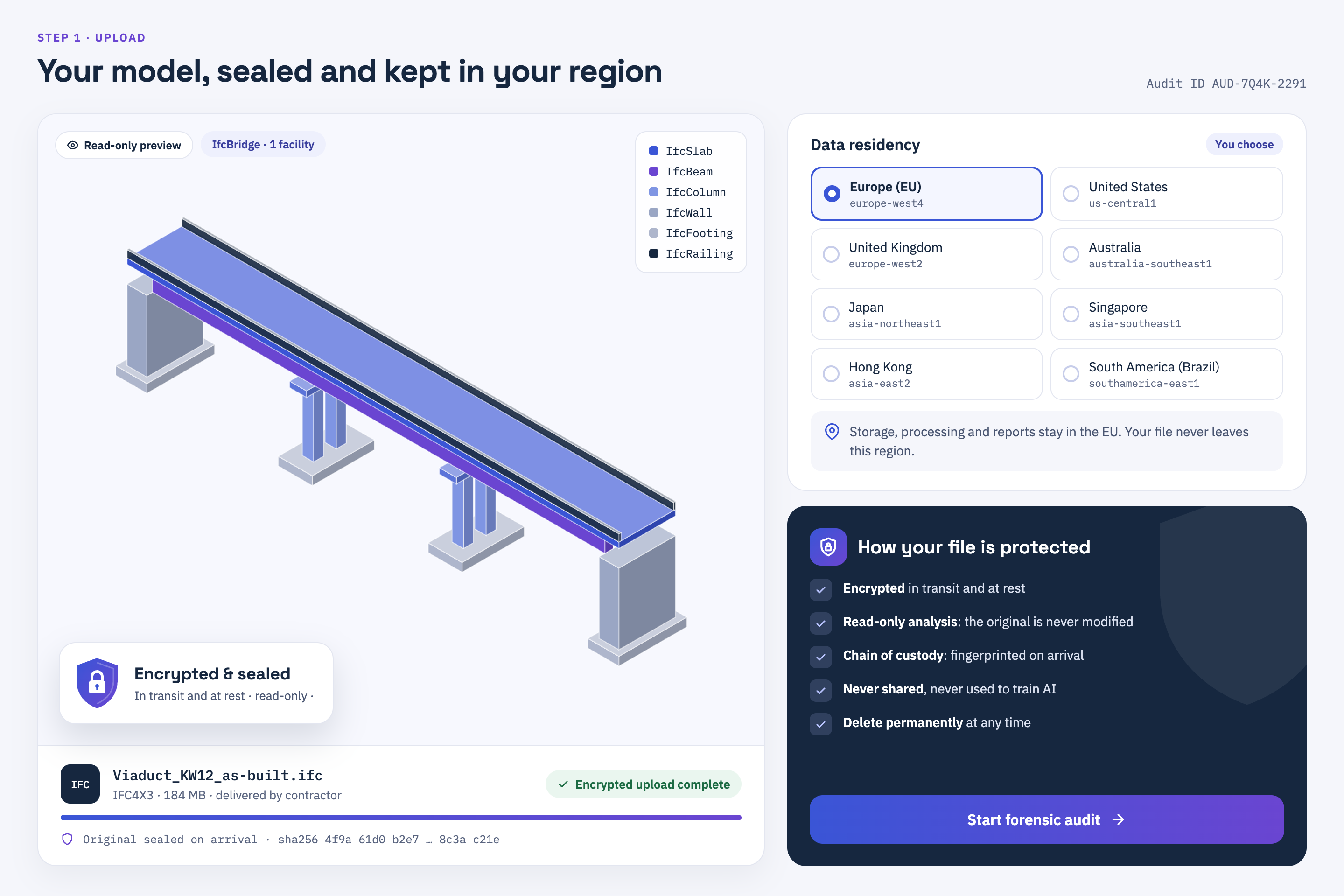 Upload screen: a bridge model encrypted and sealed on arrival, with a choice of eight data regions